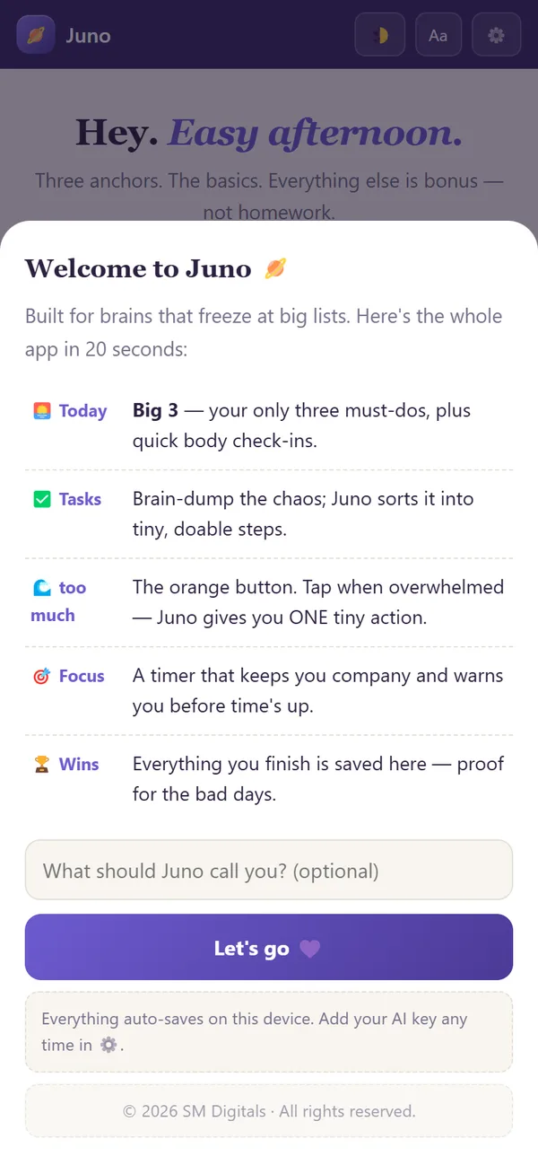 Juno welcome: Today, Tasks, the "too much" button, Focus and Wins